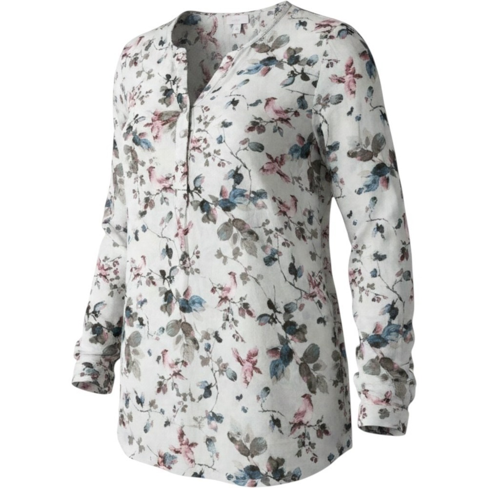 J.Jill Women's Large Floral Bird Print Henley Tunic Blouse Cottage Boho Romantic